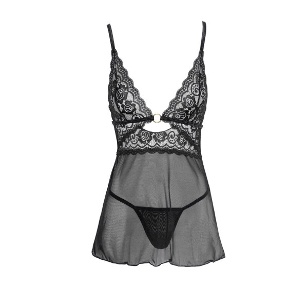 Nuisette noire en dentelle et résille transparente avec string 